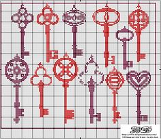 a cross stitch pattern with lots of different keys on the front and back of it