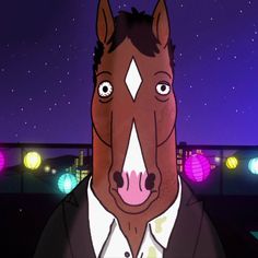 a horse wearing a suit and tie in front of a night sky with colorful lights