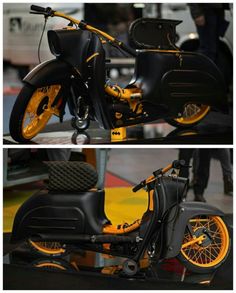 two pictures of a black and yellow scooter with orange rims on it