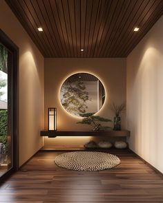 a large circular mirror on the wall above a wooden floor