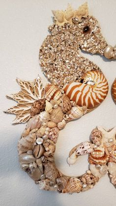 sea shells and seashells arranged in the shape of a letter s on a white wall