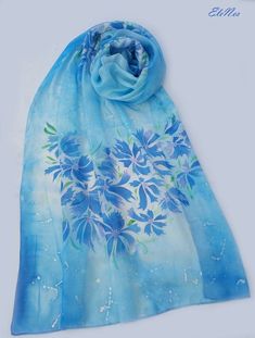 Large hand painted silk scarf with bright blue cornflowers and | Etsy Blue Hand-dyed Silk Scarf For Summer, Hand Dyed Blue Silk Scarf For Summer, Summer Hand Dyed Blue Silk Scarf, Blue Hand Dyed Silk Scarf For Summer, Spring Blue Floral Print Silk Scarf, Blue Bohemian Silk Scarf For Spring, Bohemian Blue Silk Scarf For Spring, Artistic Blue Silk Scarf For Spring, Hand Painted Blue Silk Scarf For Summer