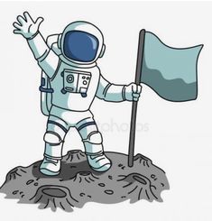 an astronaut standing on the ground holding a flag and waving it's arms in the air