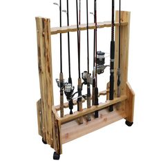 a wooden rack with many different tools on it