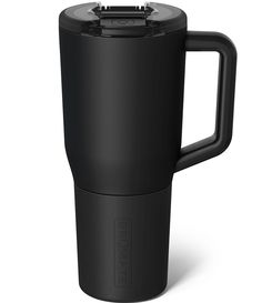 a black travel mug is shown on a white background