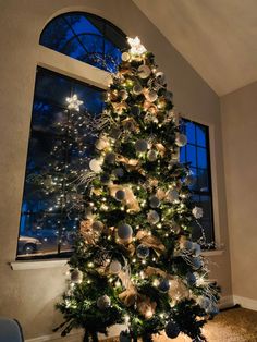 a decorated christmas tree in front of a window with lights and ornaments on the branches