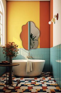 a bath tub sitting under a bathroom mirror next to a table with a potted plant on it