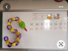 a white board with writing on it and a snake made out of tape attached to it