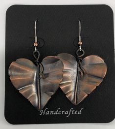 Copper Leaf Earrings are designed and handmade by Jewelry Artist Susan Wood Peterson Recycled Copper Light weight Pattern Design Metal Earrings Handmade, Fold Forming, Copper Light, Wire Craft, Metal Jewellery, Wind Sculptures, Copper Jewelry Handmade, Copper Leaf, Metal Etching