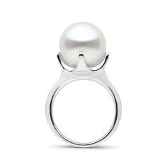 The "Oracle Collection" ring features a large 11.0-12.0 mm, AAA quality White South Sea pearl, prominently displayed in the contoured embrace of it's sleek setting. This impressive design is available in your choice of 14-karat white, yellow or rose gold. Like a vision of the divine, this ring "speaks" the wisdom of the truest kind of natural beauty. Timeless White Gold Pearl Ring With Polished Finish, Elegant Wedding Dome Ring With Concave Design, Elegant Concave Dome Ring For Wedding, Formal Minimalist Pearl Ring With Polished Finish, Timeless Pearl Ring With Polished Finish For Formal Occasions, Minimalist Polished Pearl Ring For Formal Occasions, Elegant Dome Ring With Tension Setting, Modern White Gold Pearl Ring With Polished Finish, Modern White Dome Ring For Anniversary