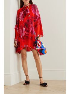 CAMILLA Crystal-embellished floral-print silk-chiffon mini dress | NET-A-PORTER Designer Red Summer Dresses, Designer Red Silk Dress, Designer Red Dresses For Summer, Red Silk Dress With Printed Details, Red Silk Dresses With Printed Details, Silk Red Printed Dress, Red Printed Silk Dresses, Camilla Clothing, Embellished Collar