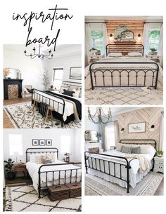 a collage of photos showing the inside of a bedroom with bed, dresser and mirror