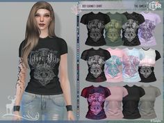 an image of a woman wearing t - shirts with skulls on them in different colors