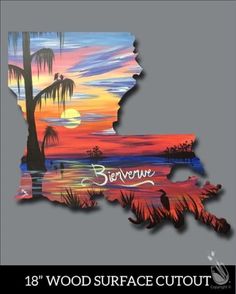 the state is shown with an image of trees and sunsets in red, orange, blue