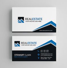 two business cards for real estate with blue and black accents on the front and back