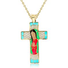 14KT Yellow Gold 18&quot; Cross Pendant Spiritual Crucifix Jewelry With Large Pendant, Spiritual Jewelry With Large Crucifix Pendant, Multicolor Our Lady Of Guadalupe Jewelry As A Gift, Multicolor Our Lady Of Guadalupe Jewelry Gift, Crucifix Necklace With Large Pendant As Gift, Symbolic Large Cross Pendant Jewelry, Gift Crucifix Necklace With Large Pendant, Large Crucifix Pendant Necklace As A Gift, Nickel-free Symbolic Crucifix Jewelry