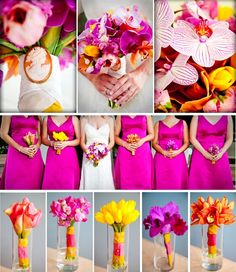 a collage of photos with flowers in vases and bridesmaid's dresses