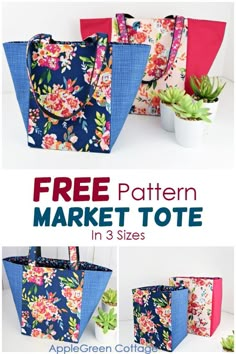 the free tote bag pattern is shown with three different images