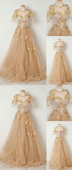 Champagne Tulle Long Prom Dress Gaun Abad Pertengahan, डिजाइनर कपड़े, Silver Prom Dress, Tulle Long Prom Dress, Prom Dress Evening, Gaun Fashion, Prom Dresses Two Piece, Fantasy Gowns, Fairytale Dress