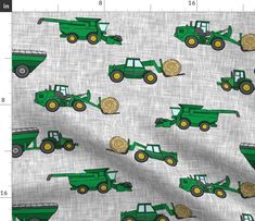 green tractors and hay bales on grey linen with white background fabric by the yard