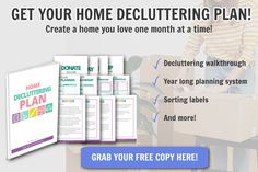 a woman moving boxes with the text get your home decluttering plan