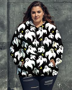 This black-and-white Halloween hoodie, with a cute ghost print, brings a playful yet spooky vibe. Its comfortable fit makes it a cozy choice for Halloween festivities. This hoodie is easy to style and adds festive charm to any casual look. Specifications: Type: Womens Hoodie Design: Print, Ghost, Halloween Style, Black, White Details: Kangaroo Pocket, Drawstring Closure: Pullover Style: Hip Hop Fit: Loose Neckline: Hooded Sleeve Length: Long Sleeve Elasticity: Slightly Stretchy Care Cleaning: Ma Halloween Hoodie With Drawstring Hood, Hooded Hoodie With Drawstring For Halloween, Hooded Halloween Hoodie With Drawstring, Casual Hooded Halloween Sweatshirt, Casual Hooded Sweatshirt For Halloween, Casual Black Hoodie With Cartoon Print, Casual Black Hoodie For Halloween, Spooky Hooded Sweatshirt For Fall, Casual Halloween Sweatshirt With Drawstring Hood