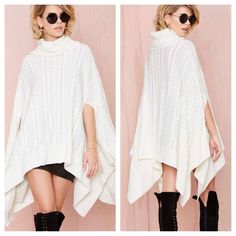 Get Really Cozy In This Ivory Cape Sweater. It Has Cable Knit Detailing, Arm Slits At Front, And Ribbing At Turtleneck And Hem. Designed To Fit Oversized, Unlined. Wear It With Your Skinniest Jeans And Platform Boots. By Nasty Gal. *Runs True To Size*Model Is Wearing Smallest Size*Hand Wash Cold *Imported Turtleneck Cape, Gal Fashion, White Cable Knit Sweater, Cape Sweater, Cream Knit Sweater, Knitted Cape, Cowl Neck Sweater, Girls Sweaters, Winter Sweaters