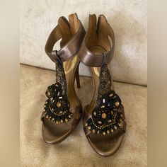 Almost Brand New Elegant Brown Sandals For Party, Chic Brown Heels For Wedding, Elegant Brown Party Sandals, Brown Embellished Sandals For Party, Chic Embellished Brown Heels, Brown Embellished Party Sandals, Chic Brown Embellished Heels, Party Brown Embellished Sandals, Brown Embellished Party Heels