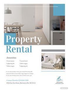 a real estate flyer is shown in blue and white colors, with the words property rental on it