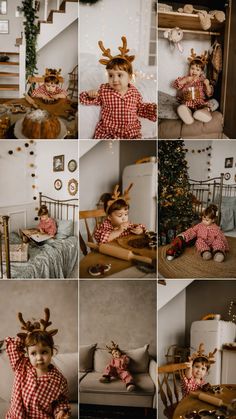 a collage of photos shows a baby dressed as a reindeer