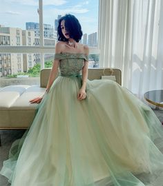 Off the Shoulder Long Formal Occasion Dress Evening Light Green Gown Elegant, Boho Off The Shoulder Dress, Prom Dress Flowy Green, Off-shoulder Prom Dress With Lace Bodice, Green Evening Dress With Lace-up Back, Lace Banquet Dress With Corset Back, Off-shoulder Lace Bodice Prom Dress, Light Green Wedding Dress For Bride, Off-shoulder Tulle Gown For Evening