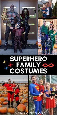 Collage of superhero family costumes for Halloween. Family Costumes For Halloween, Costumes For Siblings, Superhero Family Costumes, Clean Laminate Floors, Ultimate Baby Registry Checklist, Superhero Family