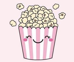 a pink and white striped cup with popcorn on it's face is smiling at the viewer