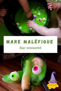 a baby is playing with some fake green stuff in a pot and the words mare malefique above it