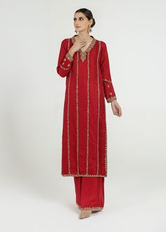 Adorn Yourself In This Crimson Red Pure Jamawar Long Shirt All Handworked With Dabka, Resham, Nakshi, Zardozi And Mirrorwork Details (Fully Worked Front And Back) Paired With Matching Wide-legged Pants With Matching Work On The Bottom. (Includes Shirt And Pants) Crimson Red, Red Outfit, Shirt And Pants, Long Shirt, Work On, Wide Leg Pants, Pure Products, Pants, Red