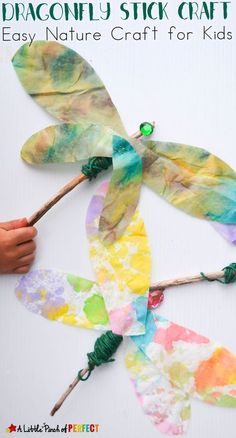 the dragonfly stick craft is made out of paper and sticks with glue on it