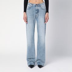 Light blue cotton denim jeans from Balenciaga featuring a front button fastening, belt loops, five classic pockets, a rear logo patch and a distressed hem. Ruffles Bag, Wool Mini Skirt, Black Leather Tote Bag, Black Leather Tote, Light Blue Jeans, Double Breasted Jacket, Black Wool, Jersey Dress, Patch Logo