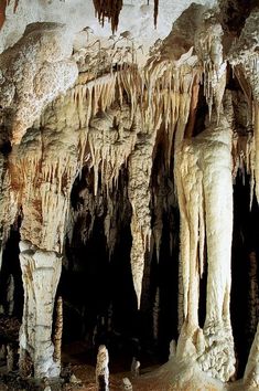 the inside of a cave with many stalate formations