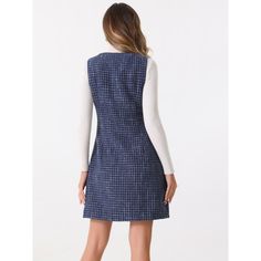 Carefully crafted to enhance your style, this tweed pinafore dress offers a chic and trendy look suitable for various occasions. The sleeveless design provides a touch of elegance, while the square neck adds a unique and flattering shape to the dress. The button-up front detailing adds a classic touch, complementing the A-line silhouette for a feminine and polished appearance. Perfect for layering over blouses or tees, this tweed pinafore dress can be styled with heels or boots to create a fashi Tweed A-line Dress For Work, Tweed Workwear Dress With Buttons, Tweed Dress With Button Closure For Work, Sleeveless Tweed Dress For Fall Workwear, Sleeveless Tweed Dress For Work In Fall, Fall Sleeveless Tweed Work Dress, Casual Sleeveless Tweed Dress, Sleeveless Casual Tweed Dress, Sleeveless Tweed Dress For Fall