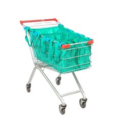 a shopping cart filled with plastic bags on wheels