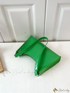 Bird in Bag - Faux Patent Leather Simple French Baguette Clutch Trendy Faux Leather Satchel Baguette Bag, Trendy Faux Leather Baguette Satchel Bag, Casual Rectangular Faux Leather Baguette Bag, Casual Faux Leather Baguette Bag, Trendy Green Leather Baguette Bag, Retro Rectangular Baguette Bag With Zipper Closure, Retro Rectangular Baguette Bag With Zipper, Green Baguette Bag With Zipper Closure, Green Rectangular Baguette Bag With Zipper Closure