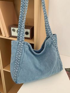 2024 New Fashion Braided Design Jeans Tote Bag, Casual Street Trend Solid Color Shoulder Bag, Student Commuter Messenger Bag Blue Casual,Fashionable   Polyester Colorblock,Plain,Textured Pattern Shoulder Tote Bag   Women Bags, size features are:Bust: ,Length: ,Sleeve Length: Jeans Tote Bag, Design Jeans, Braid Designs, Jeans Diy, Black And White Canvas, Street Trends, Tote Bag Pattern, Work Bag