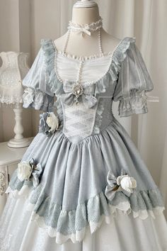 White And Blue Floral Bowknot Design Elegant Princess One Piece Note Fanart, Shopping Link, Op Dress, Classic Lolita, Kawaii Dress, Dresses Royal, Lolita Dress, Gothic Lolita, Affordable Clothes