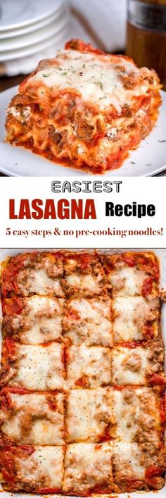 lasagna casserole on a plate with the title