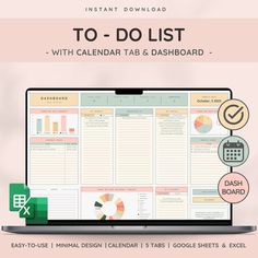 the to do list with calendar tab and dashboard is displayed on a laptop computer screen