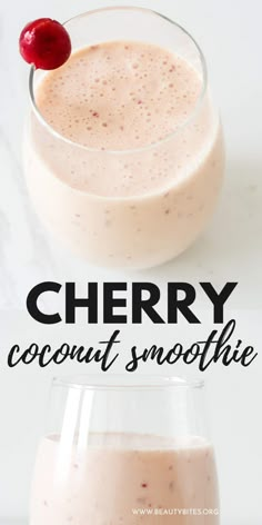 cherry coconut smoothie in a glass with the text overlay