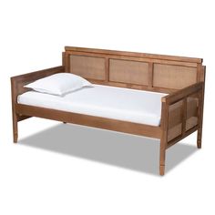 a wooden bed frame with white sheets and pillows on it's headboard, against a white background