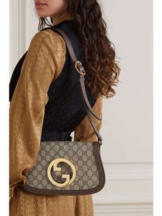 GUCCI New Blondie textured leather-trimmed printed coated-canvas shoulder bag | NET-A-PORTER Brown Texture, Print Coat, Brown Coat, Canvas Shoulder Bag, Net A Porter, Gucci Bag, Leather Trims, Women Collection, Luxury Design