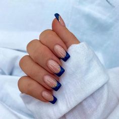 Blue Gold Nails, January Nails, Her Nails, Fancy Nails, French Tip Nails, Short Acrylic Nails, Best Acrylic Nails, Square Nails, Gold Nails