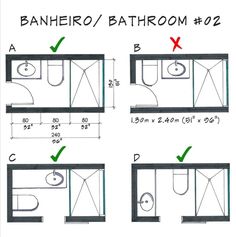 bathroom layouts with measurements for each section and the same area as shown in this diagram